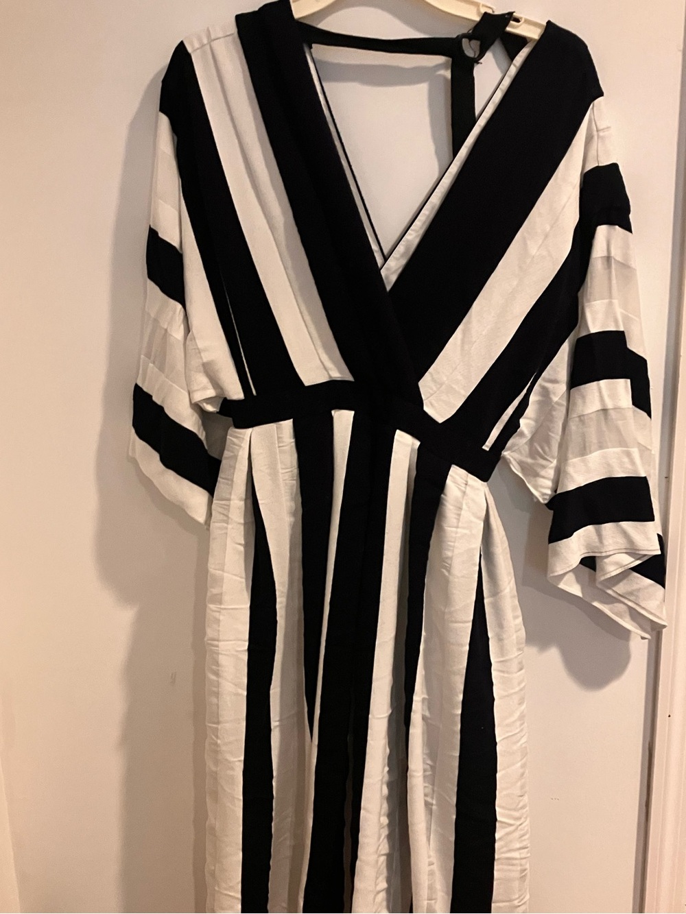 Adam Lippes Blue and White Striped V-Neck Midi Dress
